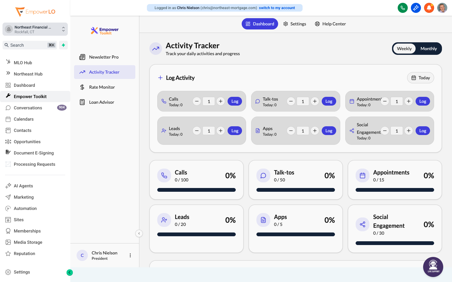 Activity Tracker screen showing daily goals and completed production activities