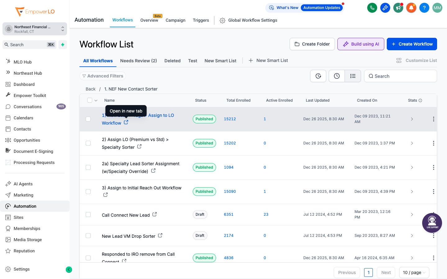 Automation builder creating branching mortgage follow-up workflows