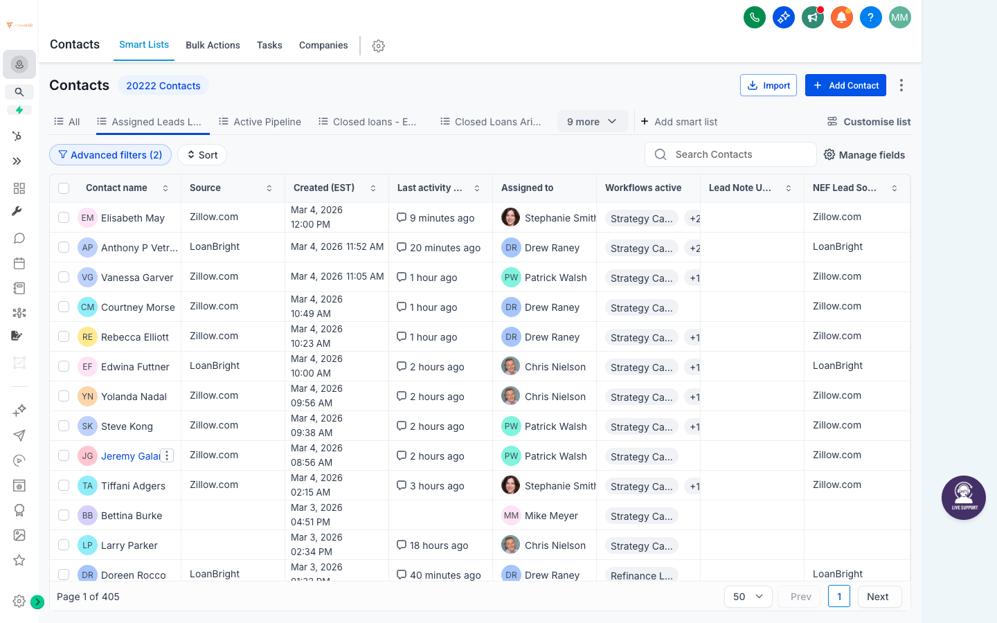 Empower LO contacts CRM with large filtered contact lists and tags