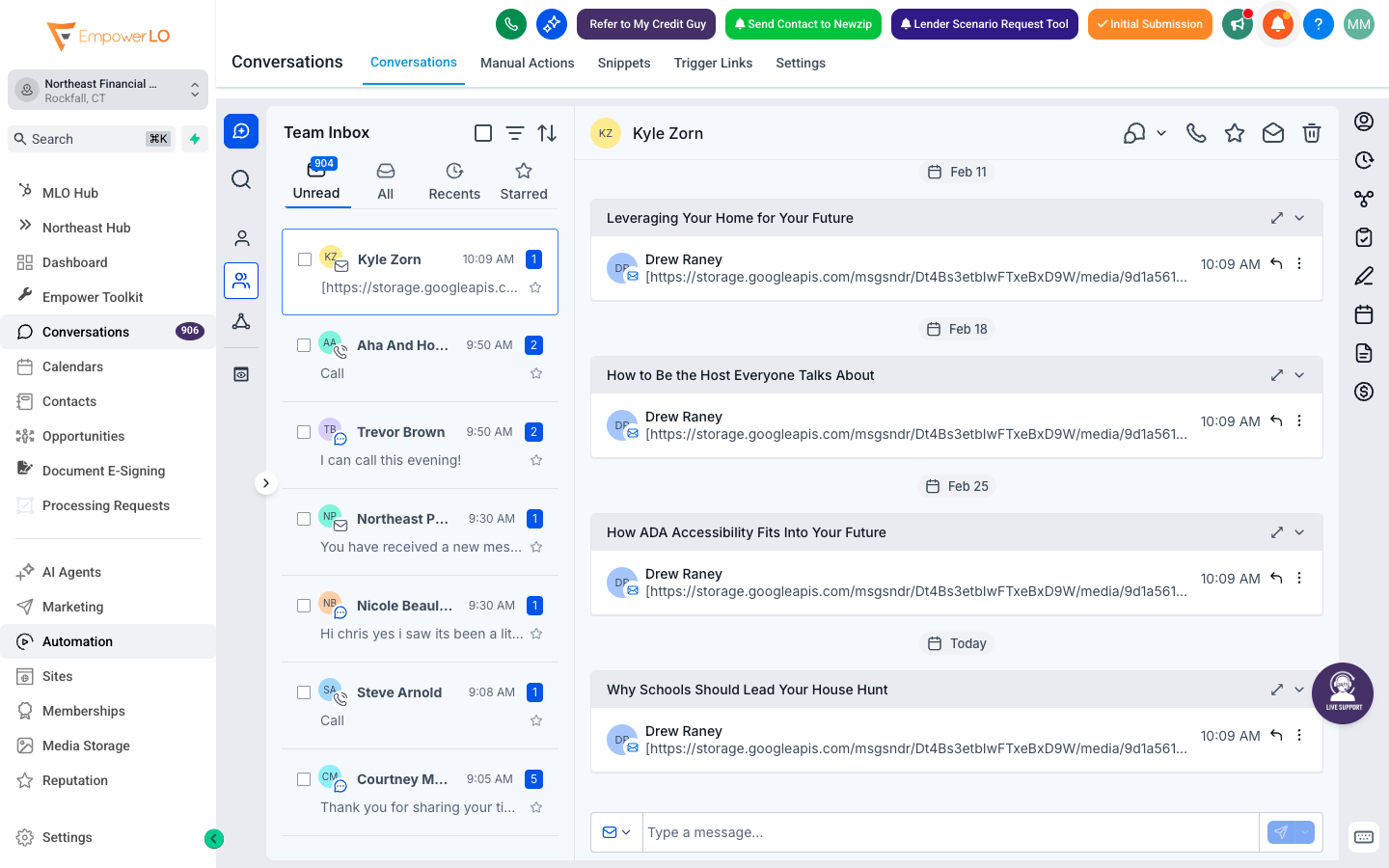 Empower LO conversations inbox showing active lead conversations
