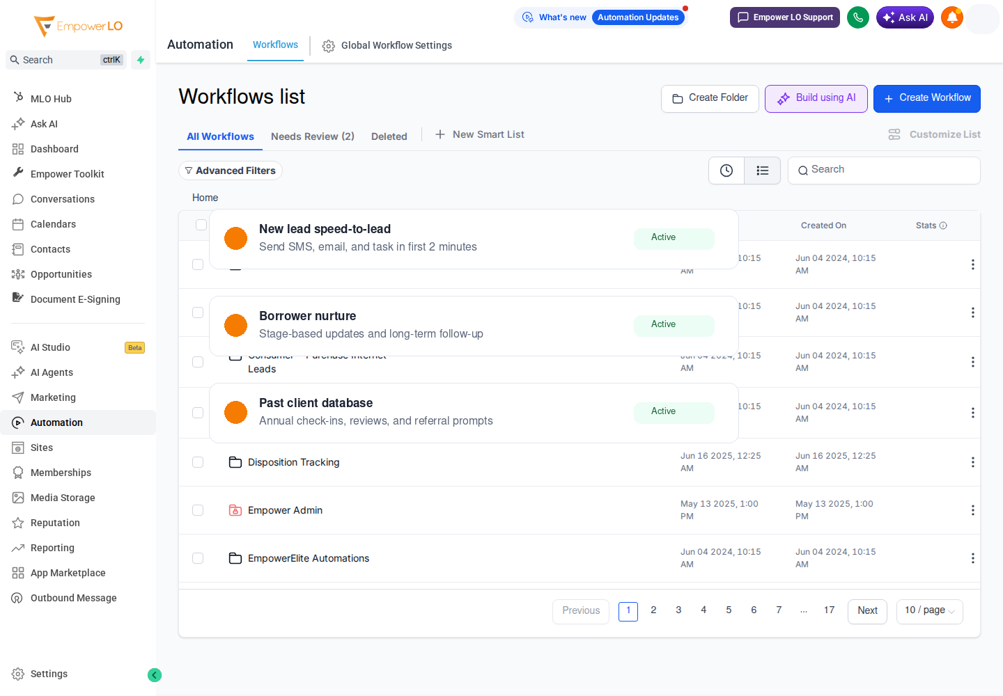 Empower LO mortgage automation workflow list