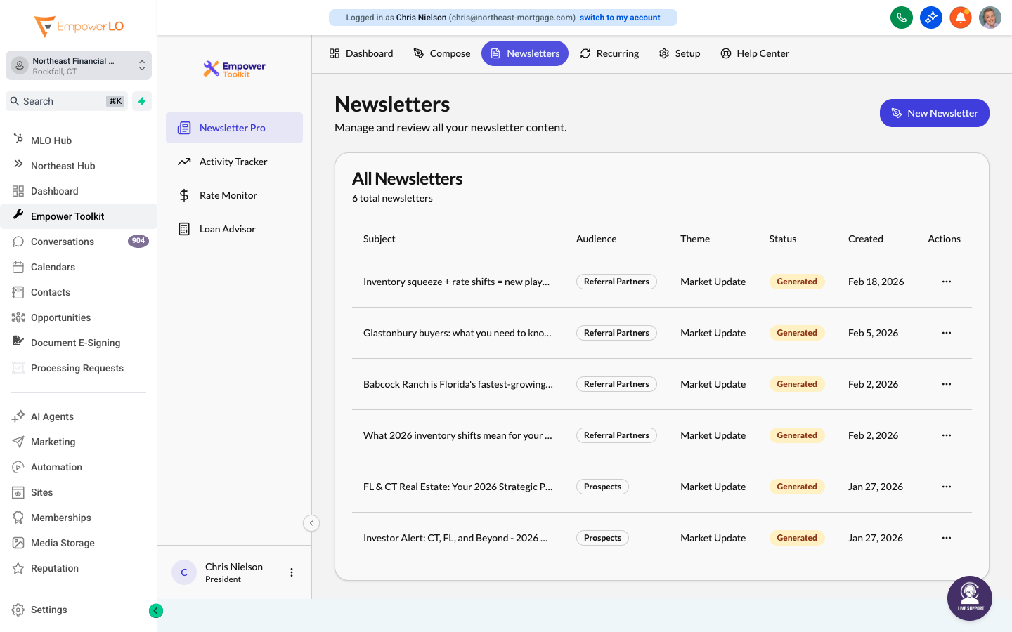 Newsletter Pro dashboard with AI-powered newsletter templates and sends